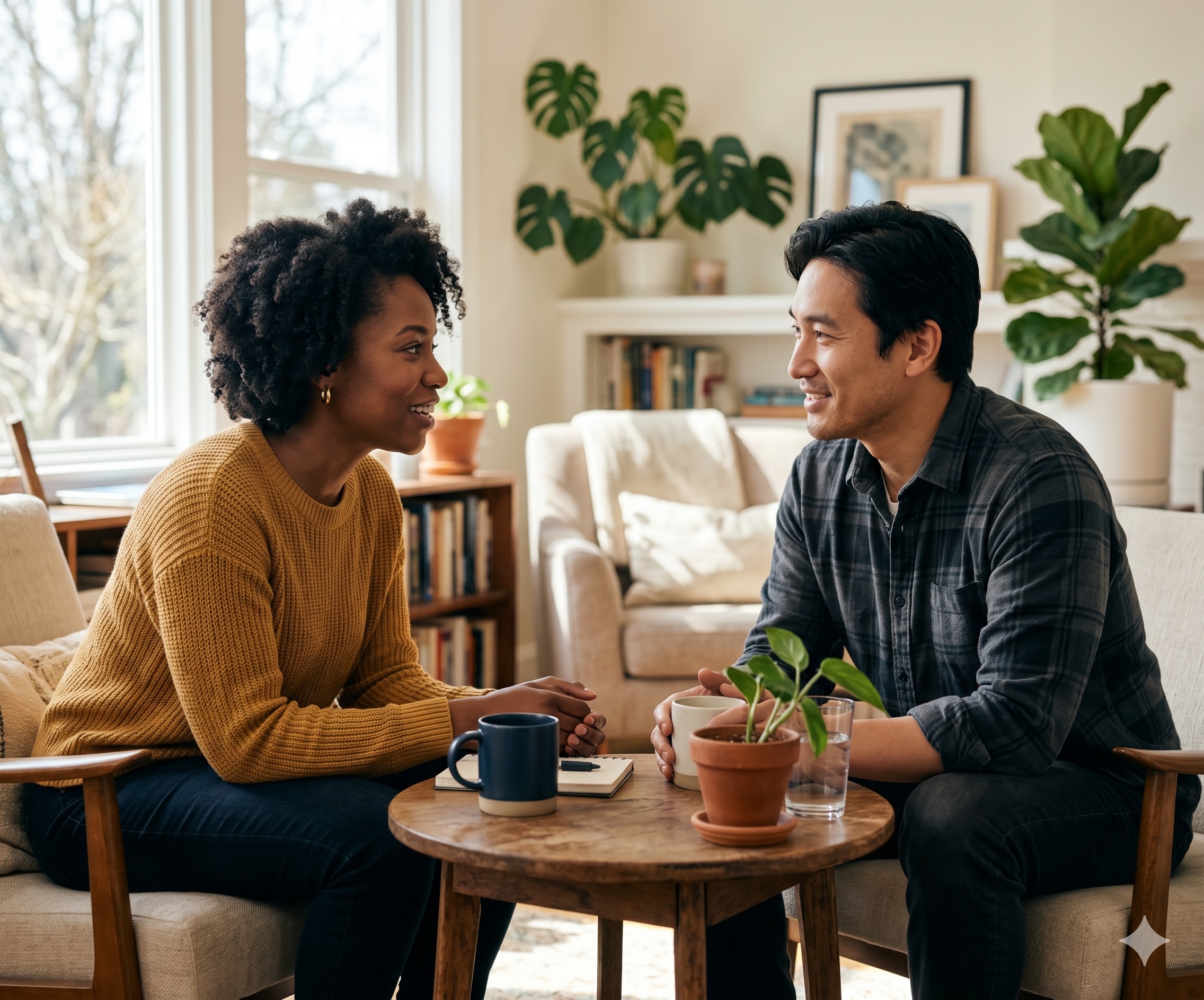 Two adults facing each other, talking warmly and openly as equals