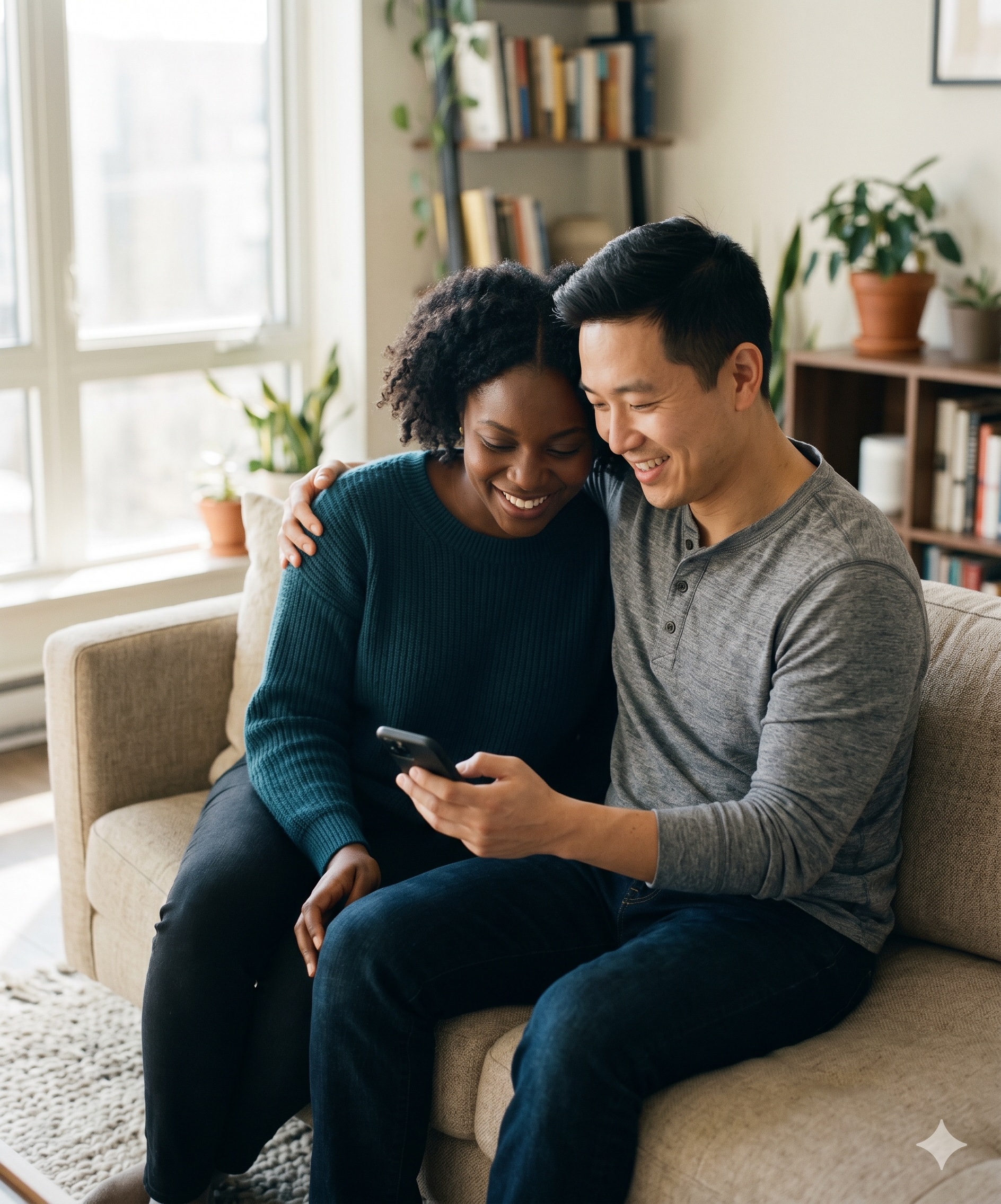 Two adults sitting close together at home, relaxed and smiling, one holding a phone showing the AffirmPax app