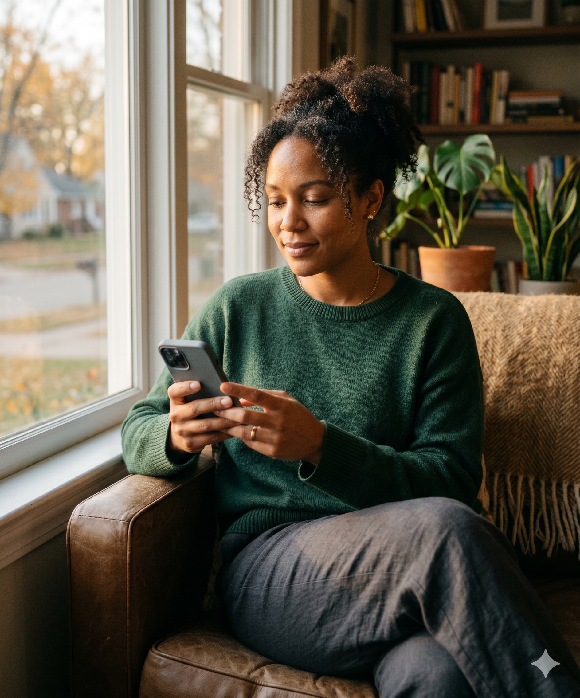 A person relaxed at home, calmly looking at their phone, in control and at ease