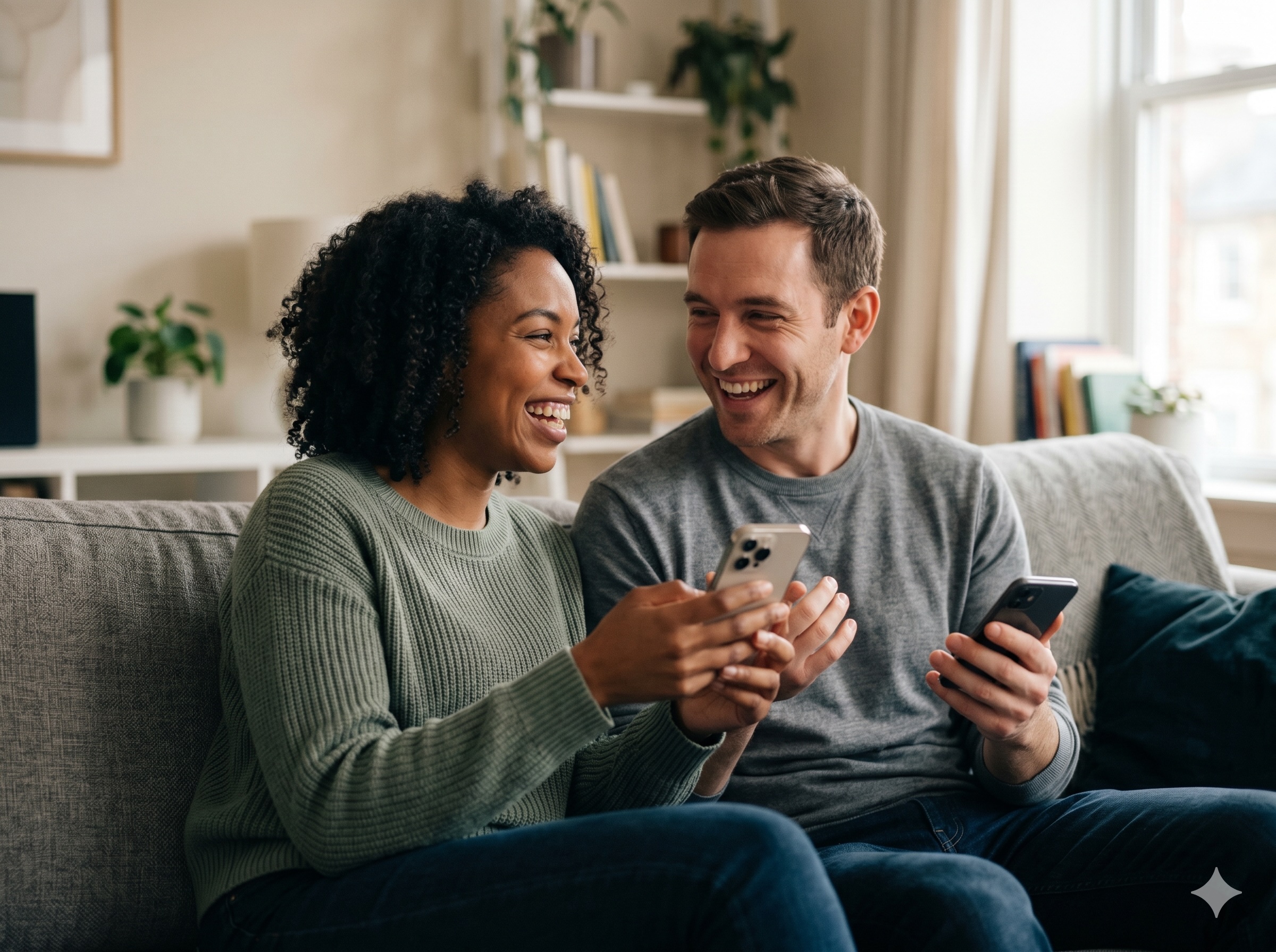 A couple sitting together, laughing and talking openly, each holding a phone