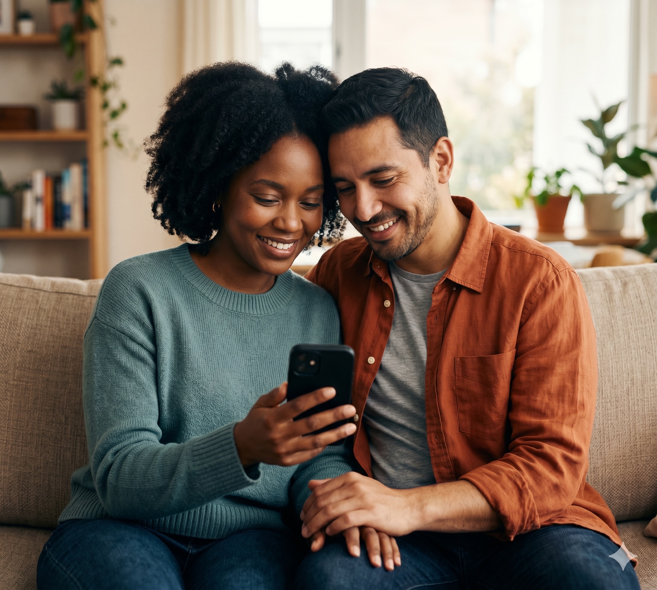 Two adults close together, smiling, one showing the other something on a phone